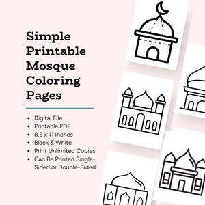 May include: Simple Printable Mosque Coloring Pages. The image shows several black and white mosque illustrations on white paper. The text on the left lists features: Digital File, Printable PDF, 8.5 x 11 Inches, Black & White, Print Unlimited Copies.