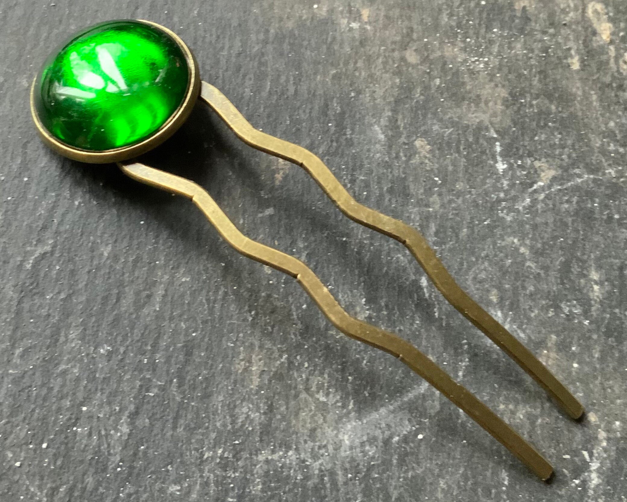 Large brass hair grip with green cabochon Etsy