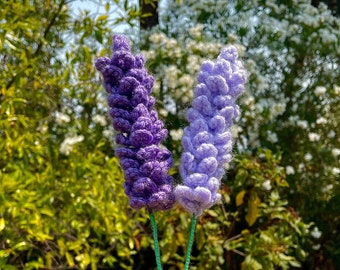 May include: Two handmade crochet lavender stems. One stem is a deep purple, the other is a lighter lavender color. The stems are green and held in a hand. The background is a blurred view of green foliage and white flowers.