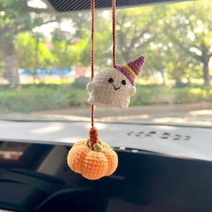 Halloween Purple Hat Ghost Car Charm, Kawaii Pumpkin Car Hanger, Goth Rear View Mirror ornament, Ghost Lover Gifts For Her, Car Accessory