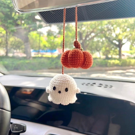 Handmade Crochet Pumpkin Ghost Car Charms, Cute Ghost Pumpkin Car Hanging, Halloween Car Charm Hanger, Halloween Decor, New Car Gift for Her