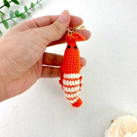 Handmade Shrimp Crochet Keychain, Custom keychain With Letter Charms, Gifts for Her, Red Shrimp Key Ring, Funny Gifts, Bag Charm