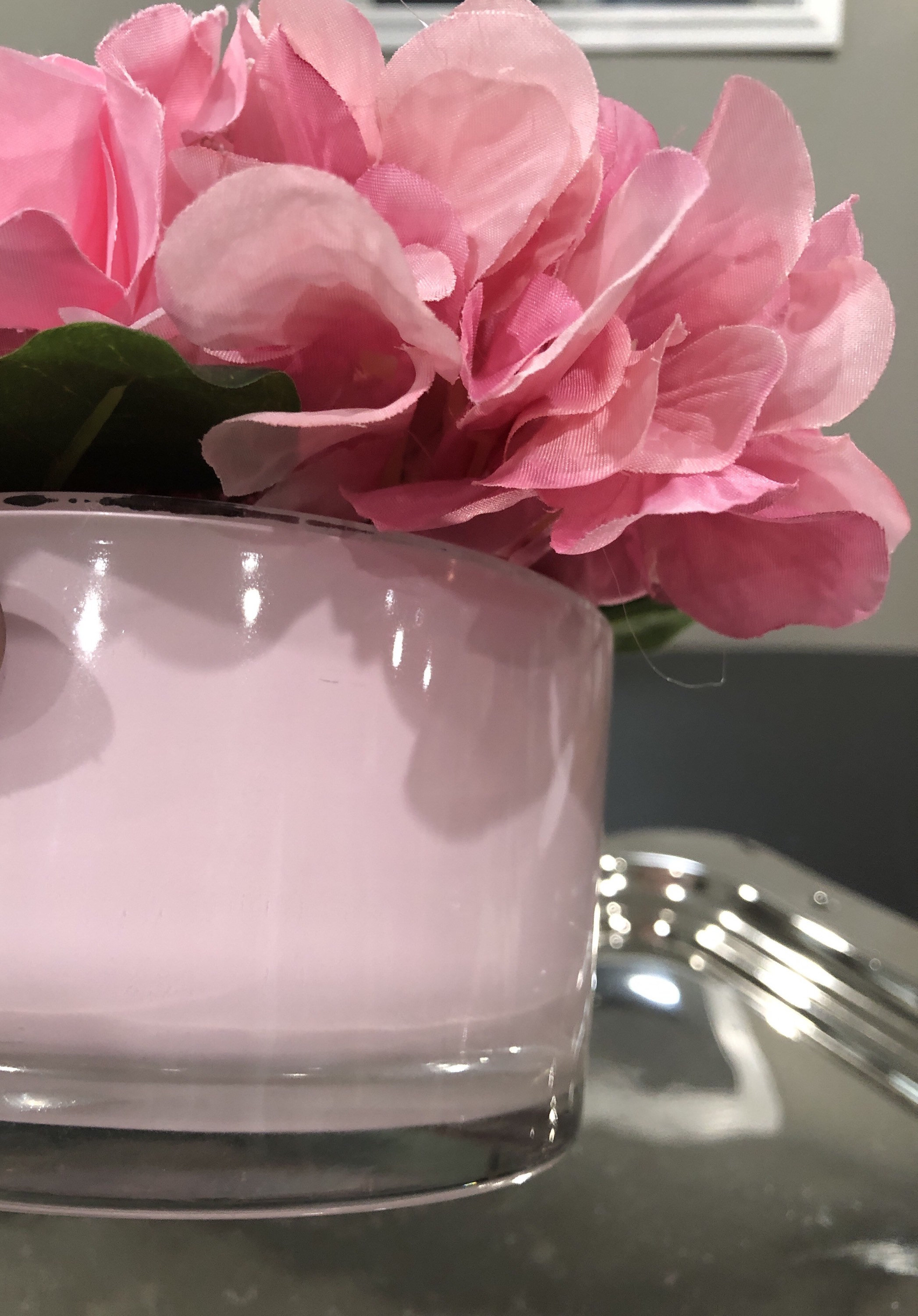 Pink glass vase with pink flowers Etsy