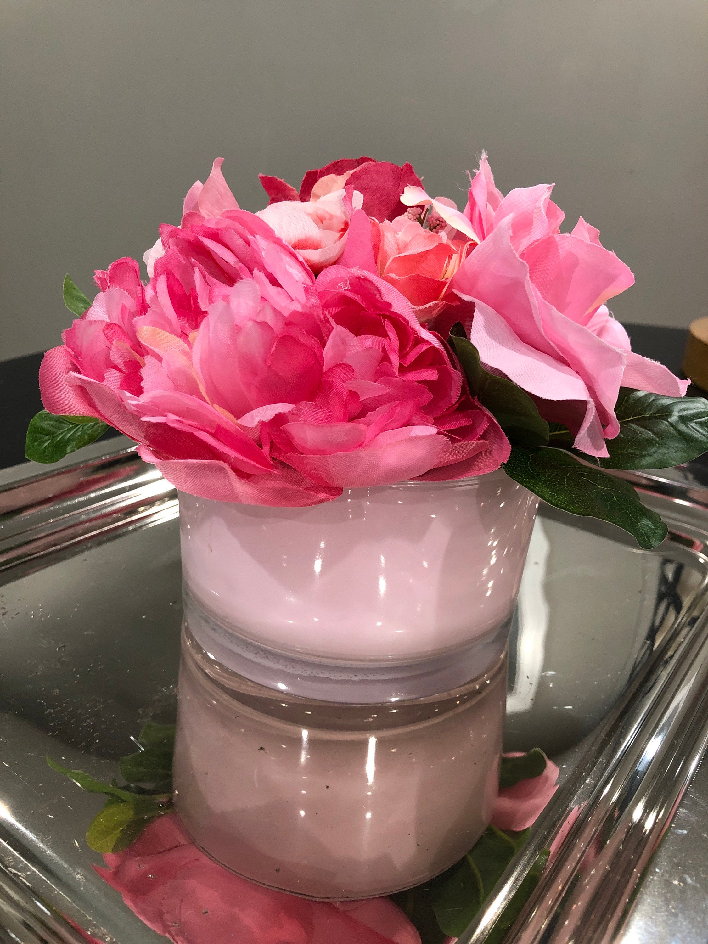 Pink glass vase with pink flowers Etsy