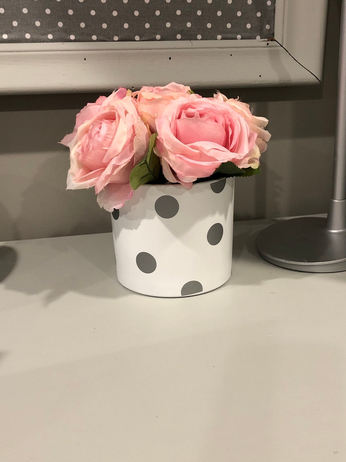 Large white glass polka dot vase with pink flowers Etsy