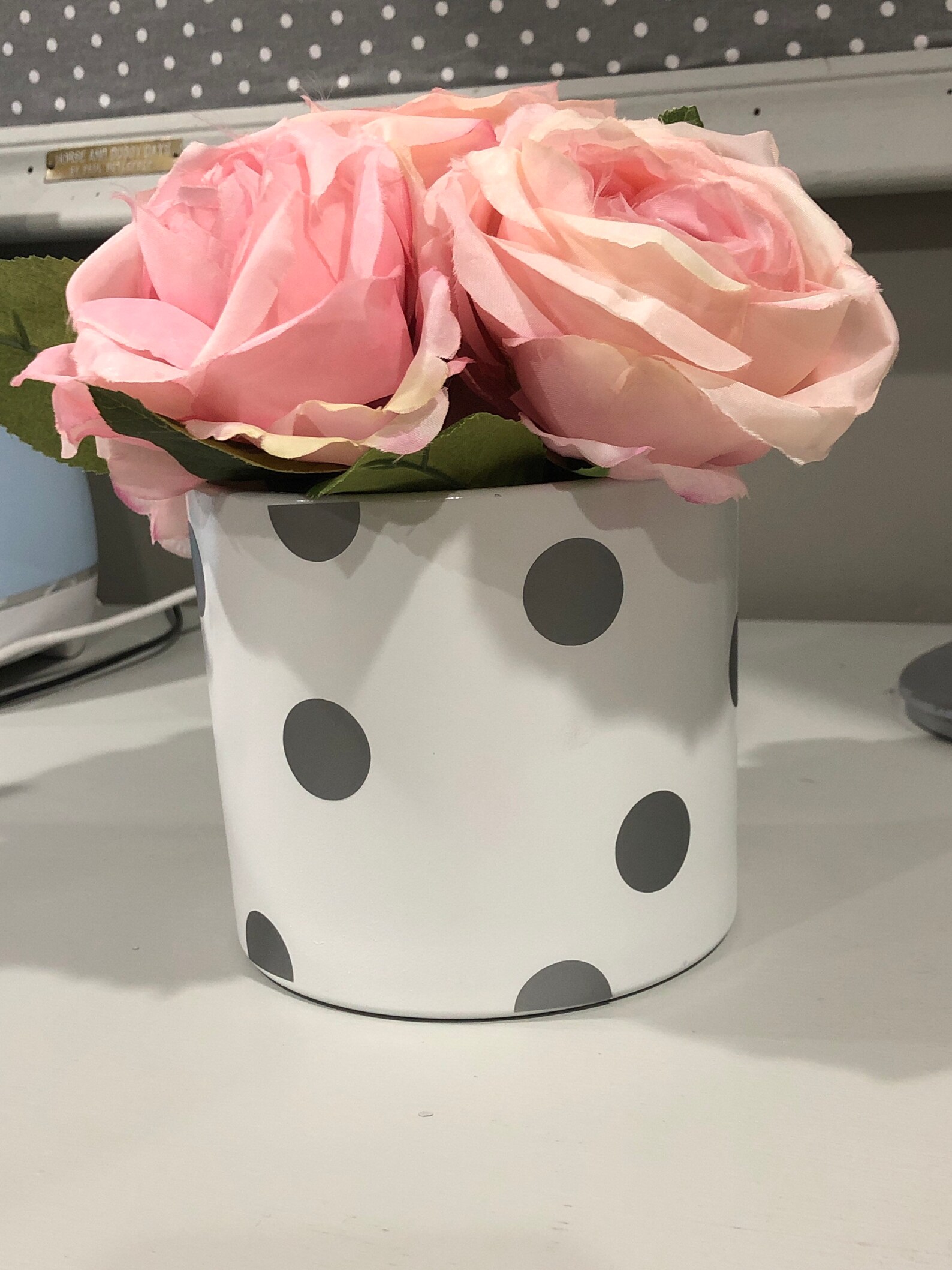 Large white glass polka dot vase with pink flowers Etsy