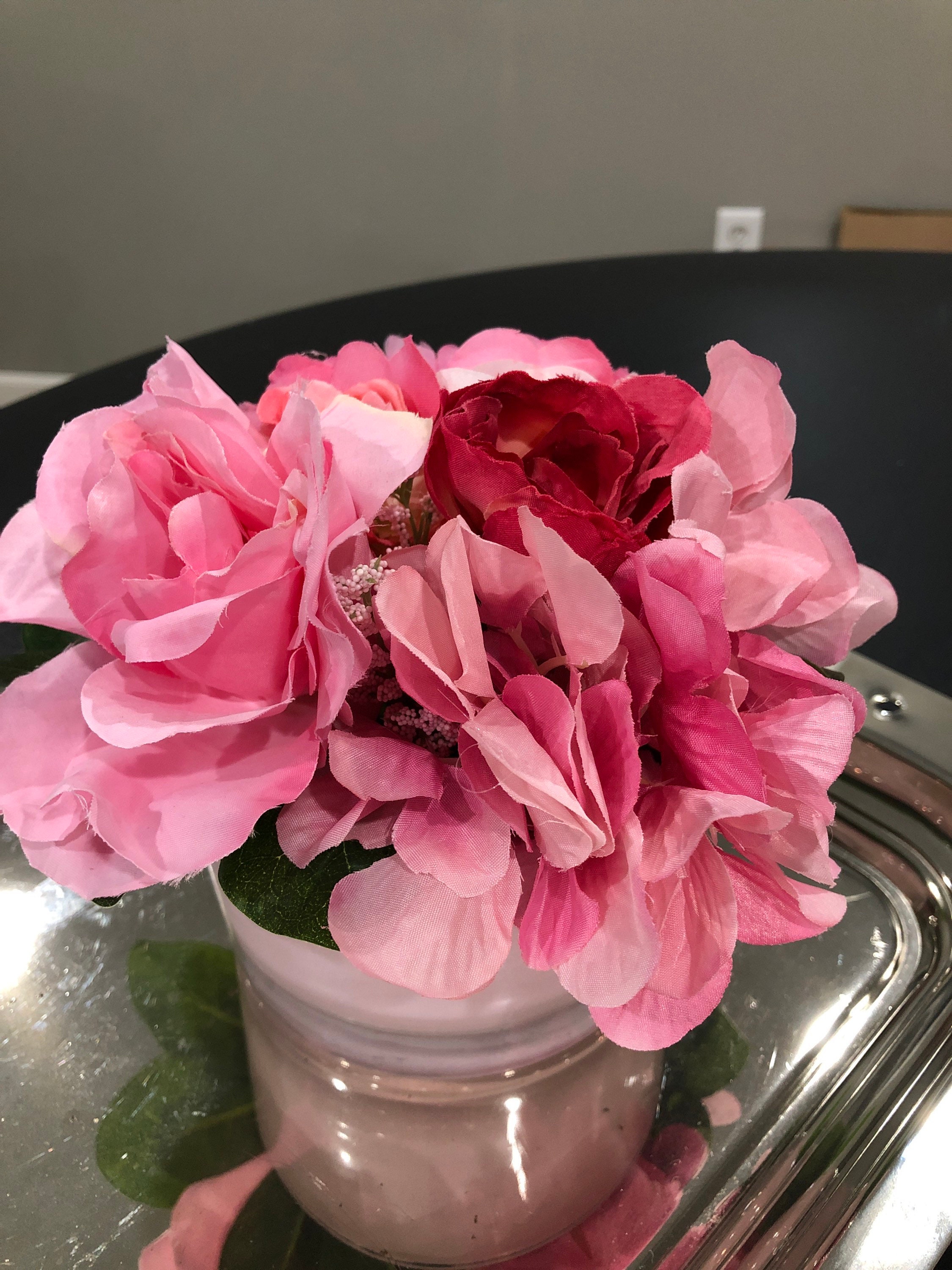 Pink glass vase with pink flowers Etsy