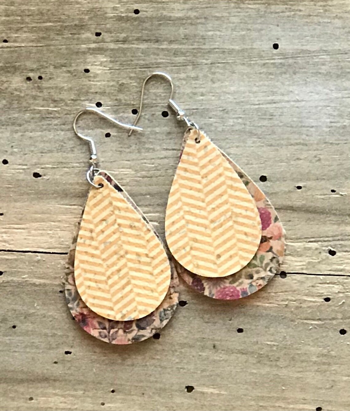 Layered cork earrings faux leather chevron floral hypo Etsy