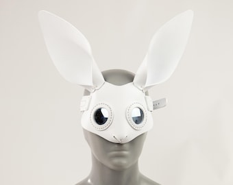 Máscara de conejo de cuero blanco / Tocado escultural vanguardista, accesorio para mascarada