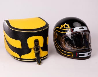Retro Scooter Leather Top Case, Handmade Black Yellow Helmet Case, Classic Scooter Rear Rack Bag, Motorcycle Luggage