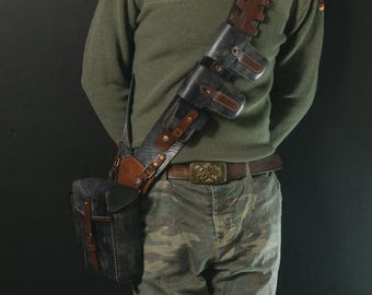 Steampunk Bandolier Modular Leather Chest Belt with Detachable Pouches Handcrafted in Romania