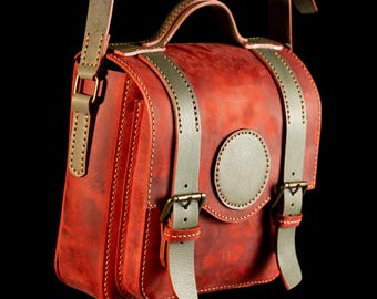 Bonnie Leather Satchel, Italian Crazy Horse Leather Crossbody Bag, Handmade Shoulder Bag, Red and Olive Leather Bag