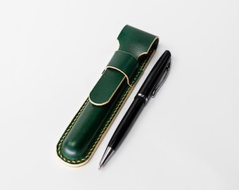 Estuche para bolígrafos de cuero curtido vegetal hecho a mano, accesorio de escritorio de cuero italiano, soporte verde