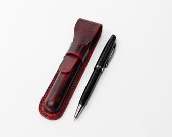 Estuche para bolígrafos de cuero curtido vegetal hecho a mano, accesorio de escritorio italiano de grano completo