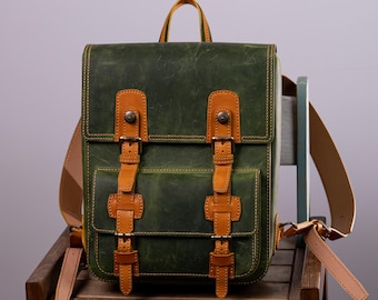 Handmade Italian Nubuck Leather Backpack, Vegetable-Tanned, Green Rucksack