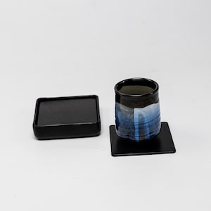Set of 6 Leather Coasters with Sculptural Holder | 3D Molded Black Tableware
