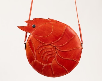 Vegetable Tanned Leather Shrimp Bag, Handmade Crossbody Bag, Orange