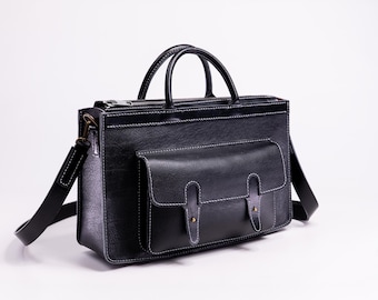 Ellis Leather Briefcase, Handmade Black Work Bag with Detachable Shoulder Strap