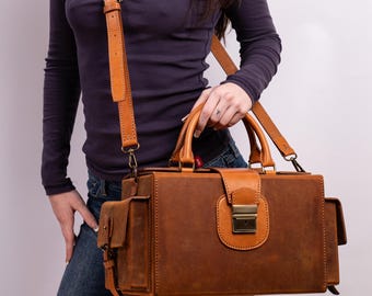 Bolso médico de cuero Leonardo hecho a mano, bolso de cuero Crazy Horse italiano, bolso de hombro de estilo vintage, bolso de cuero hecho a mano