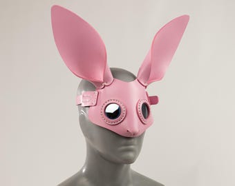Máscara de conejo de cuero rosa / Tocado escultórico vanguardista, accesorio de moda editorial