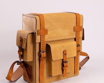 Toshiro Ochre Leather Backpack, Handmade Nubuck Backpack, Vegetable Tanned Leather Straps, Structured Leather Rucksack, 13 Inch Laptop Bag