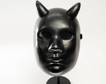 Black Italian Goat Leather Horned Mask, Gothic Devil Masquerade Costume Accessory
