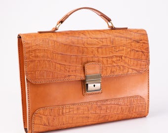 Handmade Cognac Crocodile Embossed Leather Briefcase, 13 Inch Laptop Satchel Work Bag