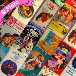 以下が含まれることがあります： カラフルな表紙にカップルが描かれた、ヴィンテージのロマンスペーパーバックの集まり。タイトルには、「欲望からの脱出」、「天国のすべて」、「ファンタジーガール」、「レディーラブ」、「レインダンスへの帰還」などがあります。