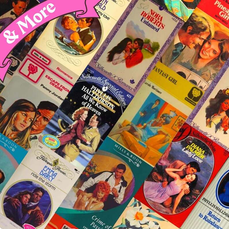 以下が含まれることがあります： カラフルな表紙にカップルが描かれた、ヴィンテージのロマンスペーパーバックの集まり。タイトルには、「欲望からの脱出」、「天国のすべて」、「ファンタジーガール」、「レディーラブ」、「レインダンスへの帰還」などがあります。