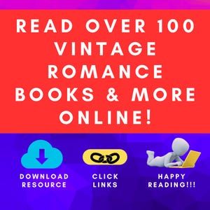 以下が含まれることがあります： 「100冊以上のヴィンテージロマンス小説をオンラインで読む！ 」という白いテキストが書かれた赤いグラフィック。青い雲に白い下向きの矢印、黒いチェーンリンクが描かれた黄色の円、そして「リソースをダウンロード」「リンクをクリック」「楽しい読書を！」というテキストが書かれたラップトップの白い棒人間。