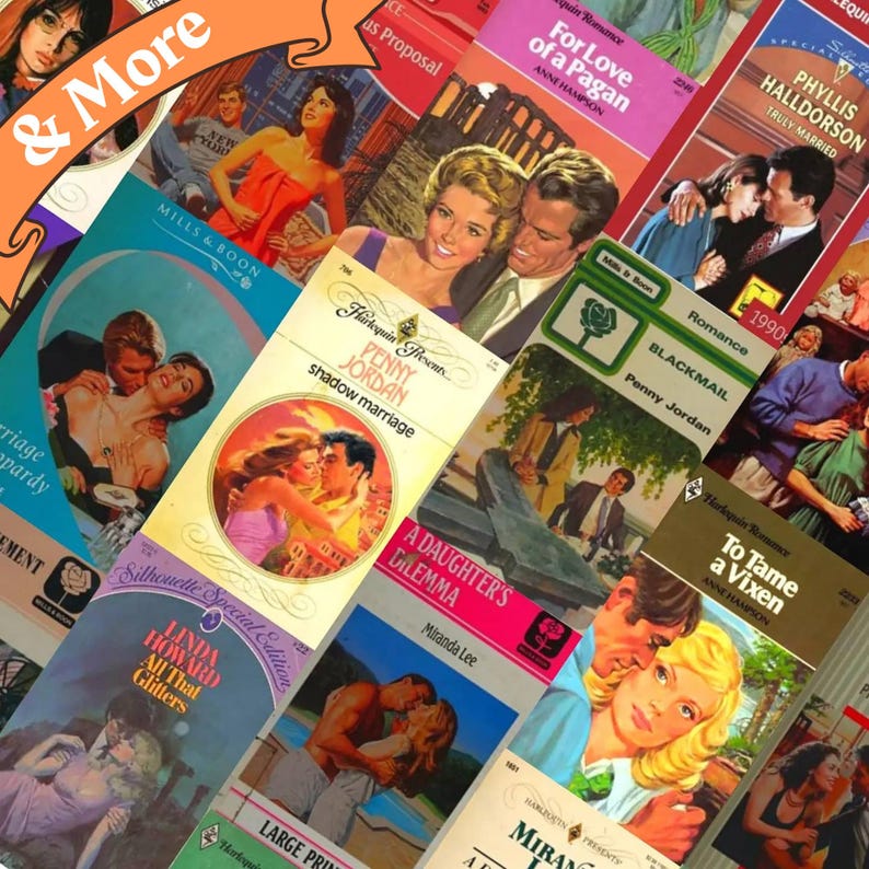 以下が含まれることがあります： さまざまな表紙を持つ、ロマンチックなポーズをとったカップルが描かれたペーパーバックのロマンス小説のコラージュ。表紙の色はピンク、ブルー、レッド、グリーン。タイトルには「For Love of a Pagan」、「Shadow Marriage」、「Blackmail」、「To Tame a Vixen」、「A Daughter's Dilemma」などがあります。