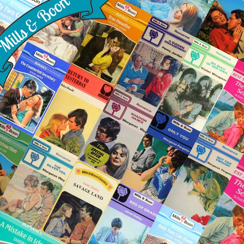 以下が含まれることがあります： さまざまなロマンチックなポーズをとったカップルが描かれた、ビンテージのMills＆Boonロマンス小説の表紙のコラージュ。表紙はさまざまな色で構成されており、「トゥルーパラダイス」、「サドンエンゲージメント」、「ノーマンオブハーオウン」、「シャドウダンス」、「オンリーユー」、「ノットファーイナフ」などのタイトルが書かれています。