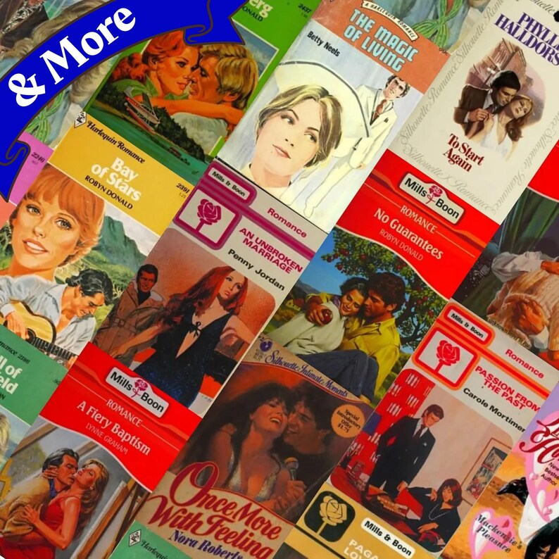 以下が含まれることがあります： さまざまなタイトルと著者をフィーチャーした、ビンテージロマンス小説の表紙のコラージュ。表紙は主に赤、白、青で、カップルやロマンチックなシーンの画像が描かれています。