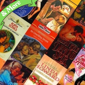 以下が含まれることがあります： カップル、花、テキストが描かれたさまざまな表紙を持つロマンス小説のコレクション。タイトルには、「サマー・アット・アワコプ」、「アン・アンウィリング・デザイア」、「ジャスト・ライク・ダイヤモンド・ダスト」、「リンダ・ハワード」などがあります。