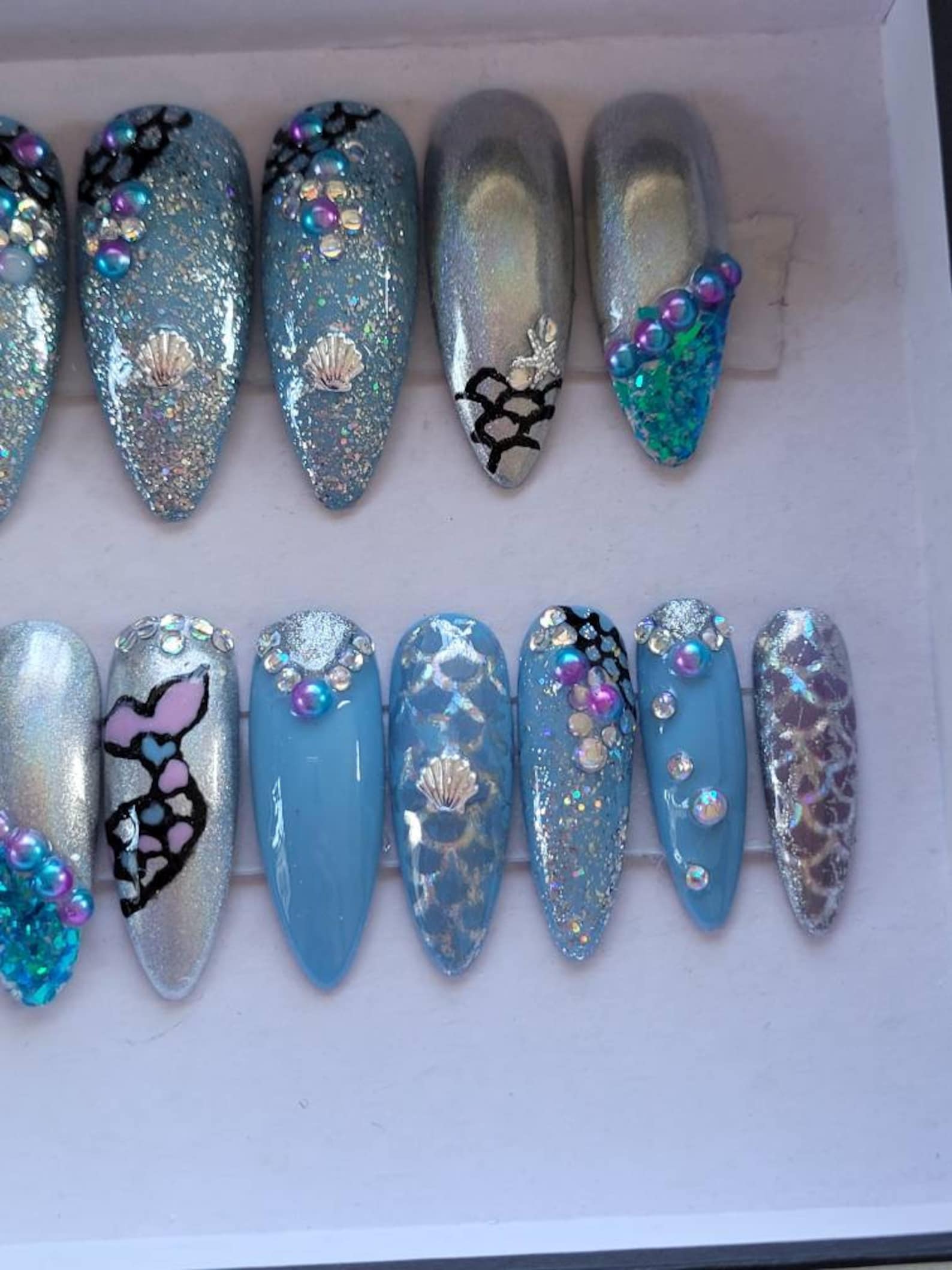 Mermaid press on nails long almond shape | Etsy