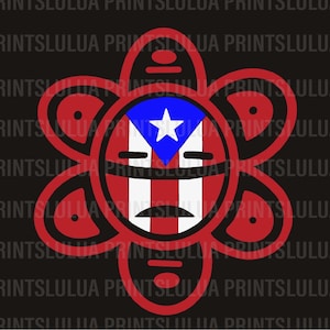 May include: A stylized design featuring the Puerto Rican flag within a red floral shape, set against a black background. The design includes the text "LULUA PRINTS" repeated across the background.