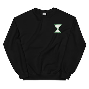 May include: Black sweatshirt with a green hourglass graphic on the front.