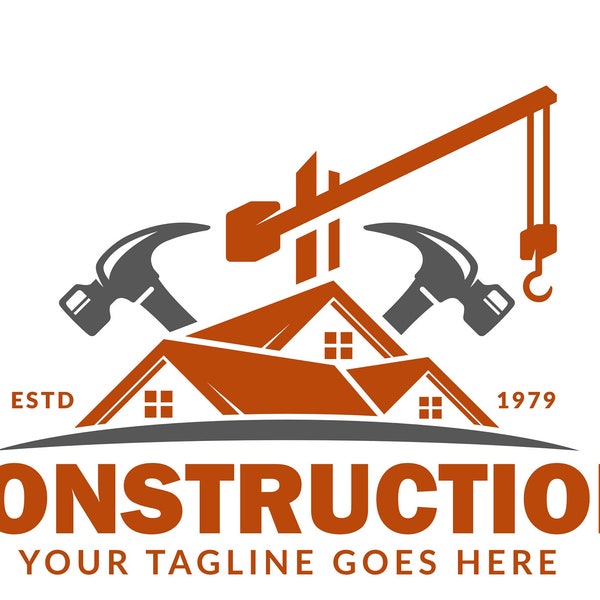 Construction business premade logo crane hammer house with company name SVG and PNG instant download