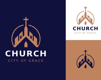 Église premade logo modèle clocher croix halo SVG EPS PNG Téléchargement instantané police incluse