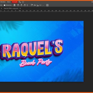 May include: A digital graphic with the text "RAQUEL'S Beach Party" in a 3D style. The text is in pink, yellow, and purple, set against a blue background with a palm tree design. The image is likely for a summer event.