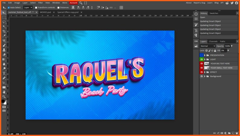 May include: A digital graphic with the text "RAQUEL'S Beach Party" in a 3D style. The text is in pink, yellow, and purple, set against a blue background with a palm tree design. The image is likely for a summer event.