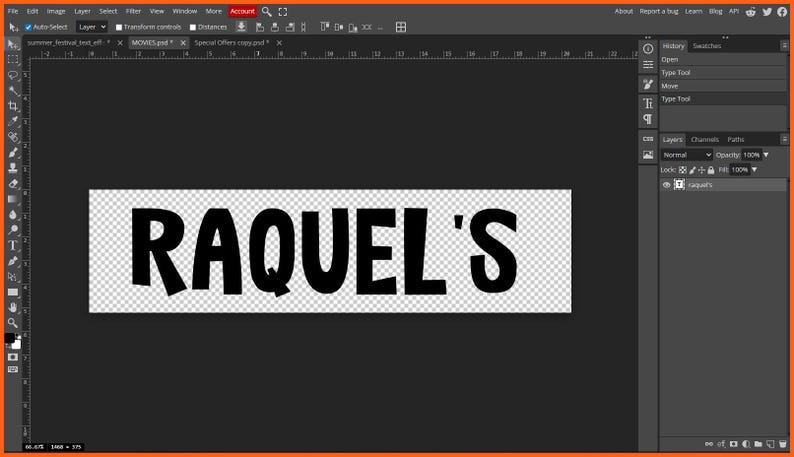May include: The word "RAQUEL'S" in bold, black letters on a transparent background, set against a dark gray interface. The text is centered and fills a rectangular space.
