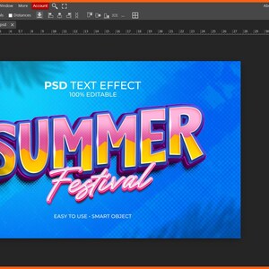 May include: A digital graphic with the words "SUMMER Festival" in a 3D effect, with pink and yellow text on a blue background. The text is labeled "PSD TEXT EFFECT 100% EDITABLE" and "EASY TO USE - SMART OBJECT".