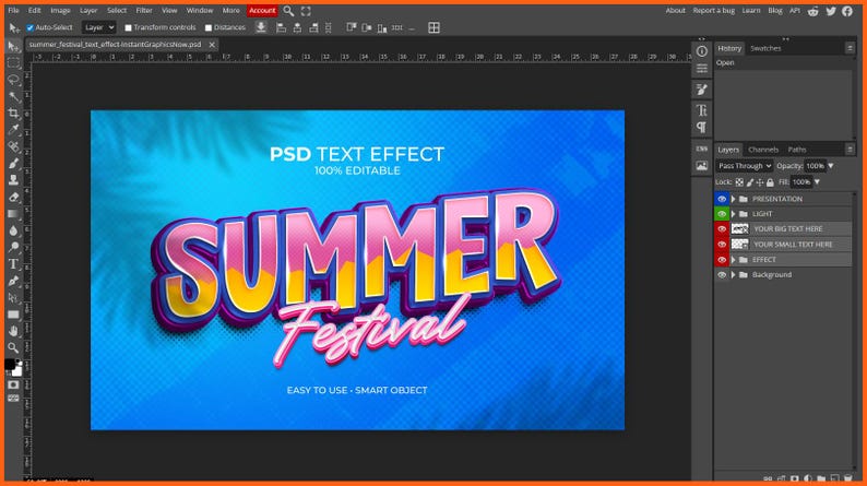 May include: A digital graphic with the words "SUMMER Festival" in a 3D effect, with pink and yellow text on a blue background. The text is labeled "PSD TEXT EFFECT 100% EDITABLE" and "EASY TO USE - SMART OBJECT".