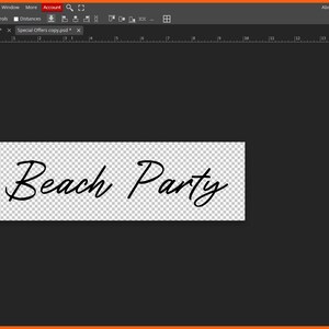 May include: The words "Beach Party" in a cursive font are displayed on a transparent rectangular background. The text is in black, and the background is a checkered pattern. The image is set against a dark gray background.