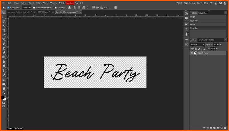 May include: The words "Beach Party" in a cursive font are displayed on a transparent rectangular background. The text is in black, and the background is a checkered pattern. The image is set against a dark gray background.