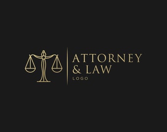 Puede incluir: Un contorno dorado de una balanza de la justicia con el texto "ATTORNEY & LAW LOGO" en dorado.
