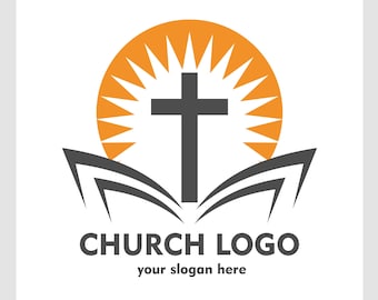 教会の既製のロゴ、太陽、十字架、聖書、ミニストリー名付き EPS、SVG、PNG 即時ダウンロード