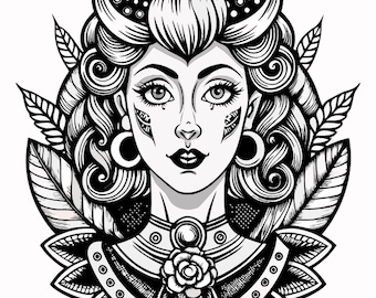 タトゥークイーンの塗り絵ページJPGは、すぐにダウンロードして印刷したり、ProcreateやKrita Sketchbookで使用したりできます。