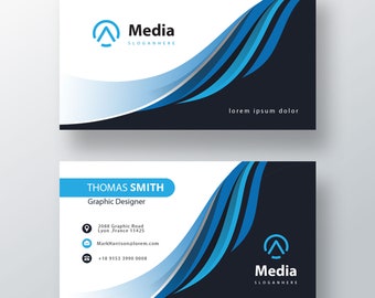 Business card template navy blue waves design front back logo Photoshop PSD white
